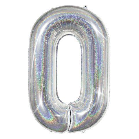 Шар фольгированный фигурный Цифра 0 40" 100 см Голограмма серебро 08775 фото